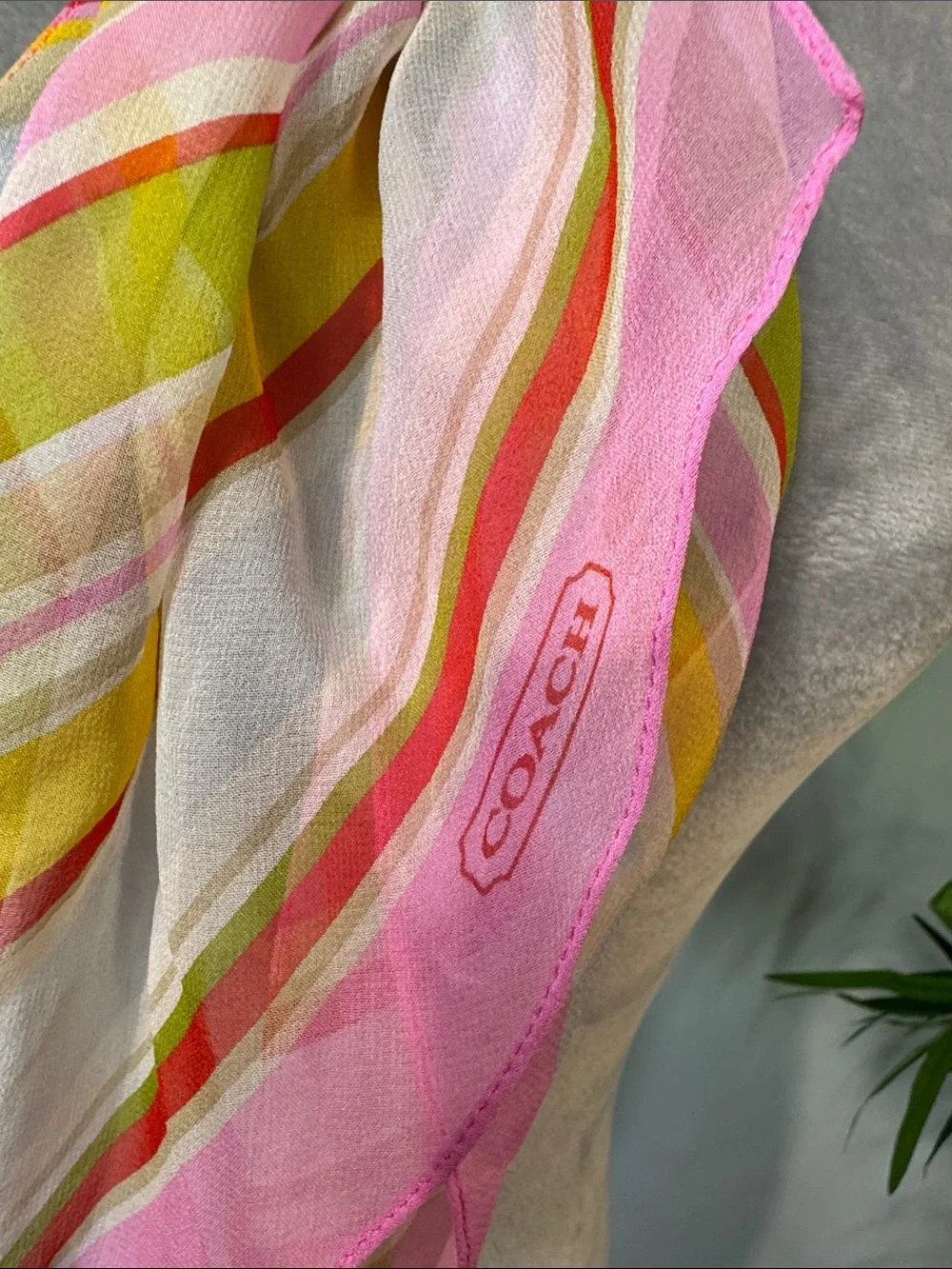 Coach Pink & Green Striped Silk Scarf EUC